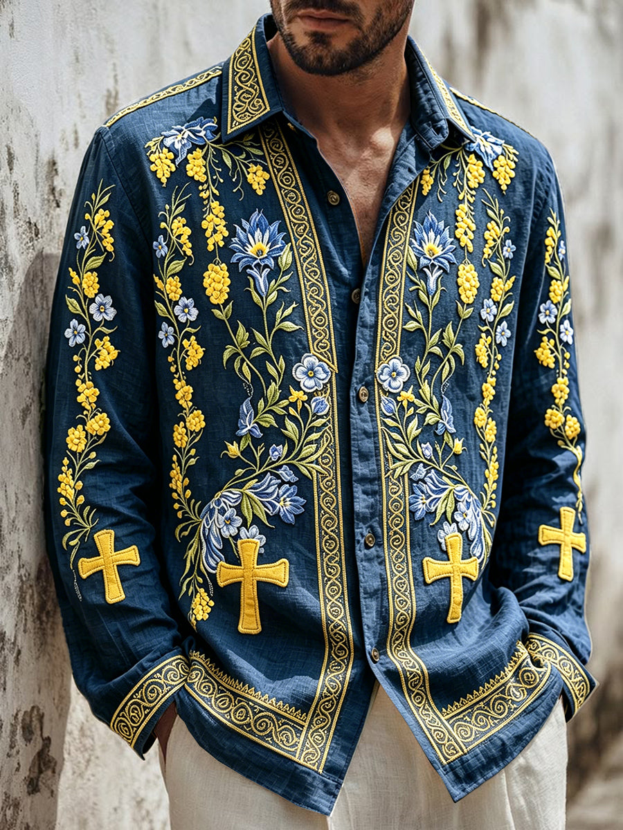 Mäns Deep Blue Svenska Midsommar Floral Print Casual Cotton-Line Långärmad skjorta