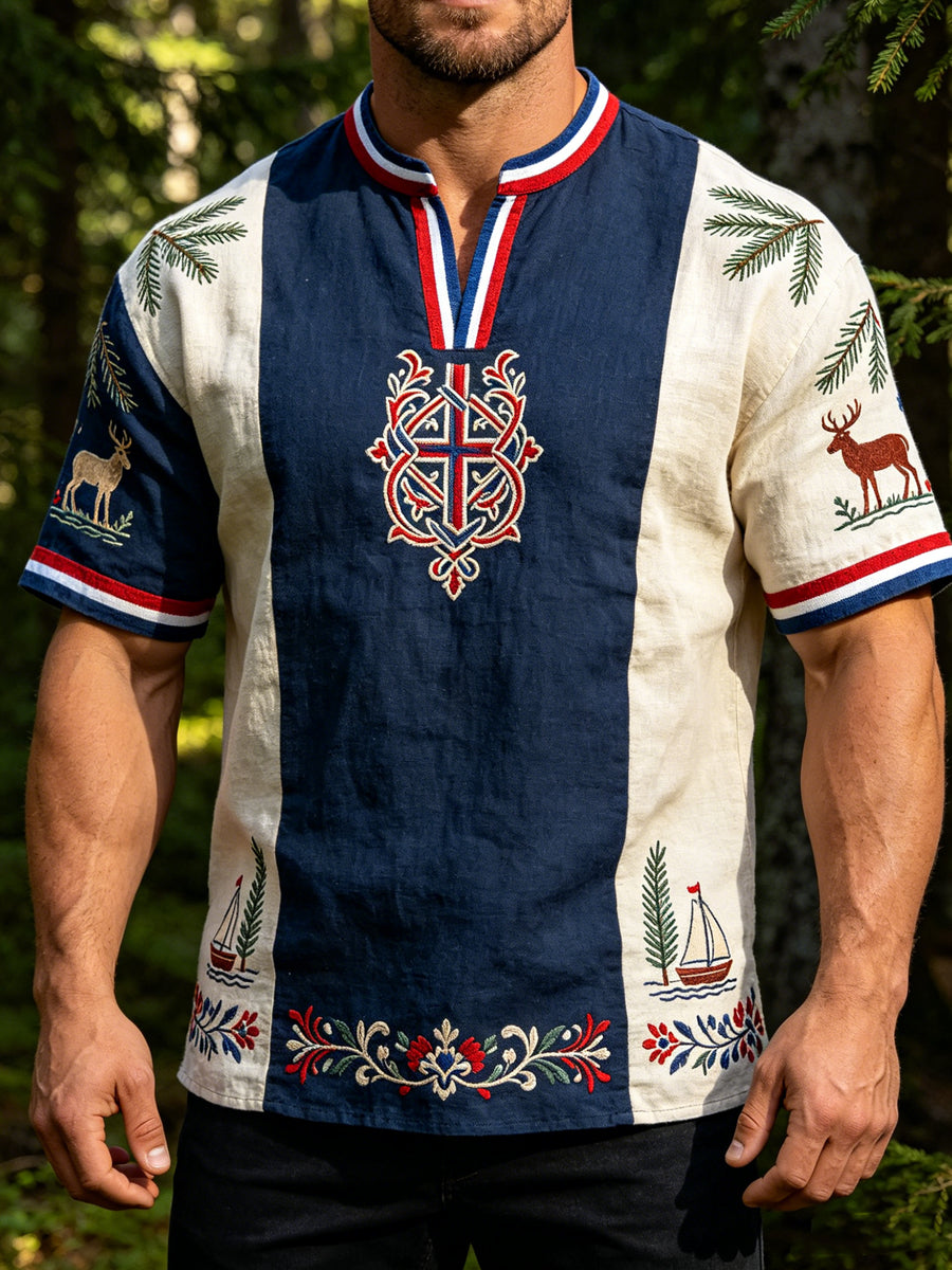 Menns Retro Viking Totem Patchwork Casual T-shirt