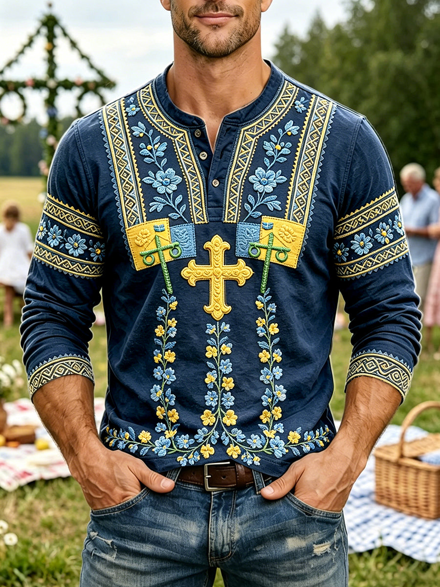 Mäns djupblå Svenska midsommar Floral Print Casual Henley-Hack Långärm T-shirt