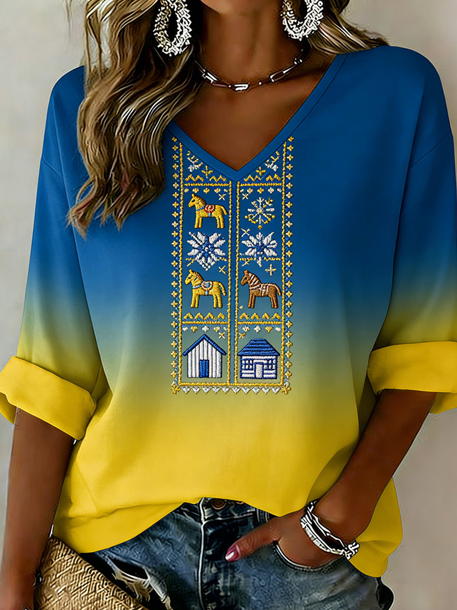 Kvinnor Retro Svensk konst Skriv ut Casual Topp