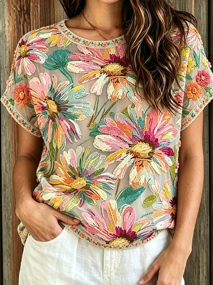 Dams retro blommig konsttryckt casual topp i bomull och linne