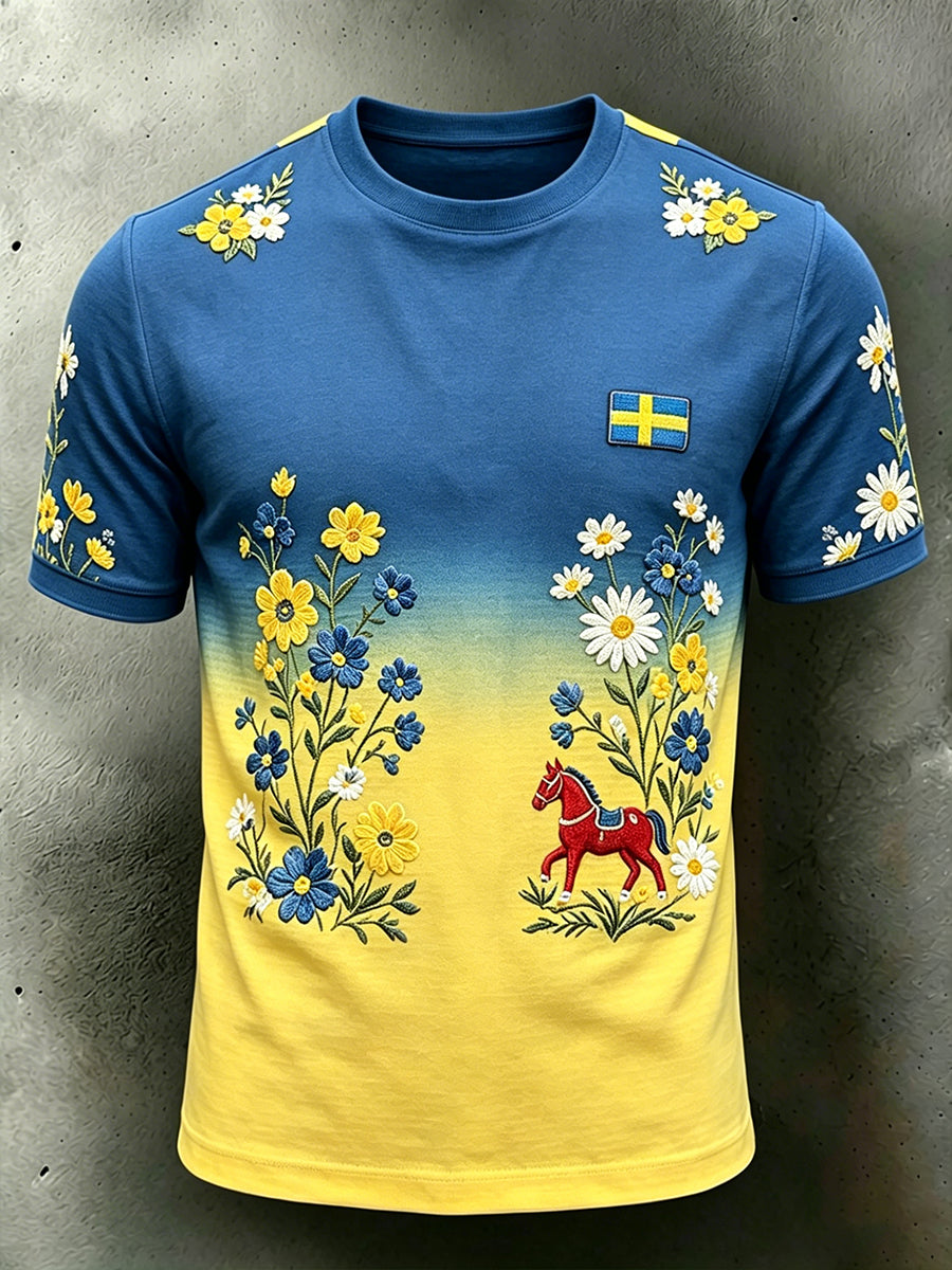 Herrmidsommardräkt med blommönster och färggradient, kortärmad t-shirt