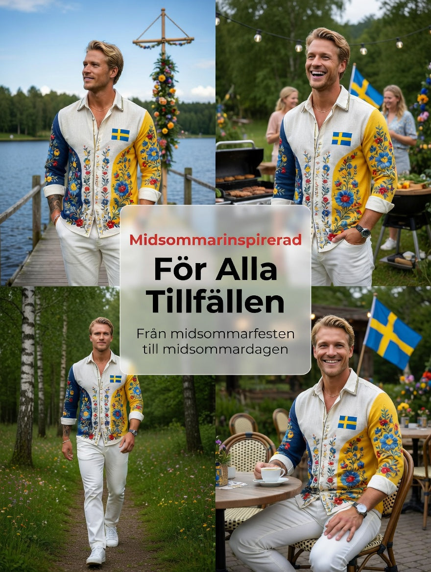 Herrretro svensk midsommarfolkaldrigblommig vafeltröja med långa ärmar
