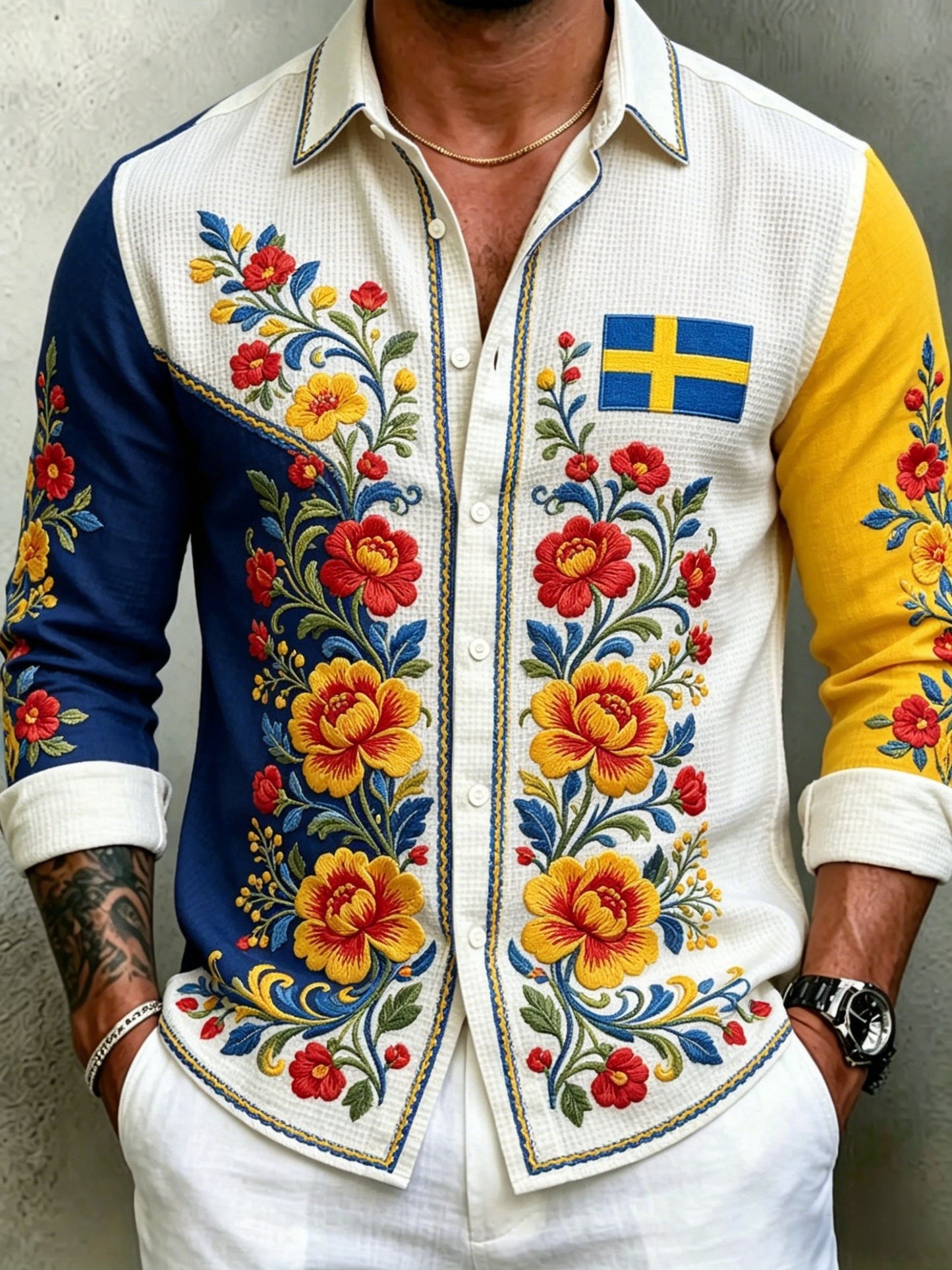 Herrretro svensk midsommarfolkaldrigblommig vafeltröja med långa ärmar