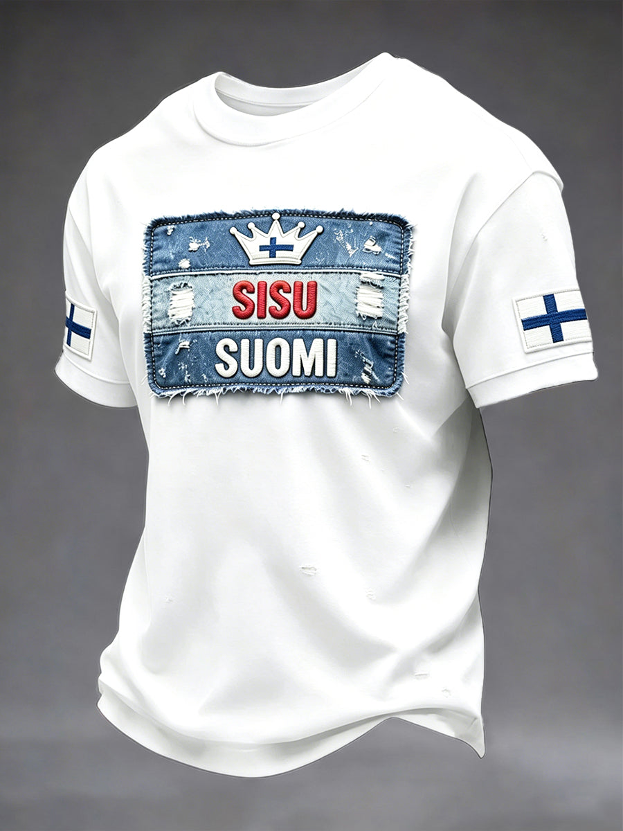 Vita Finland Sisu Patchwork Skriv ut Casual T-shirt