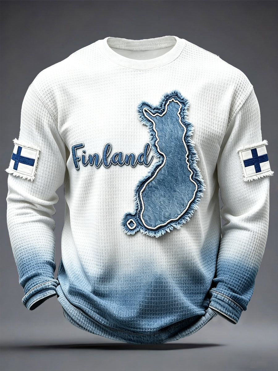 Mäns gradient-utskrift 3D våffle-väv Casual Långärm T-shirt