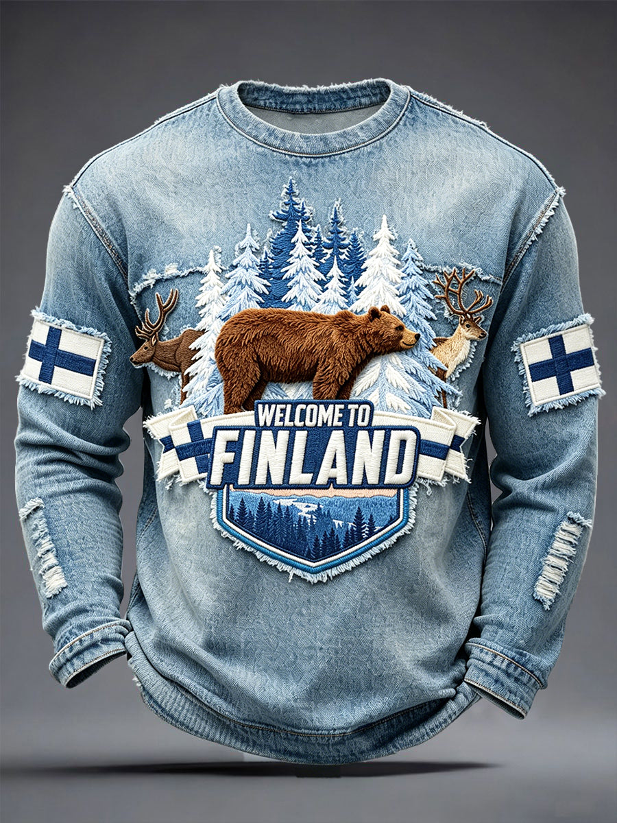 Mäns finska björn Denim-styla patchwork Skriv ut Casual Långärm T-shirt