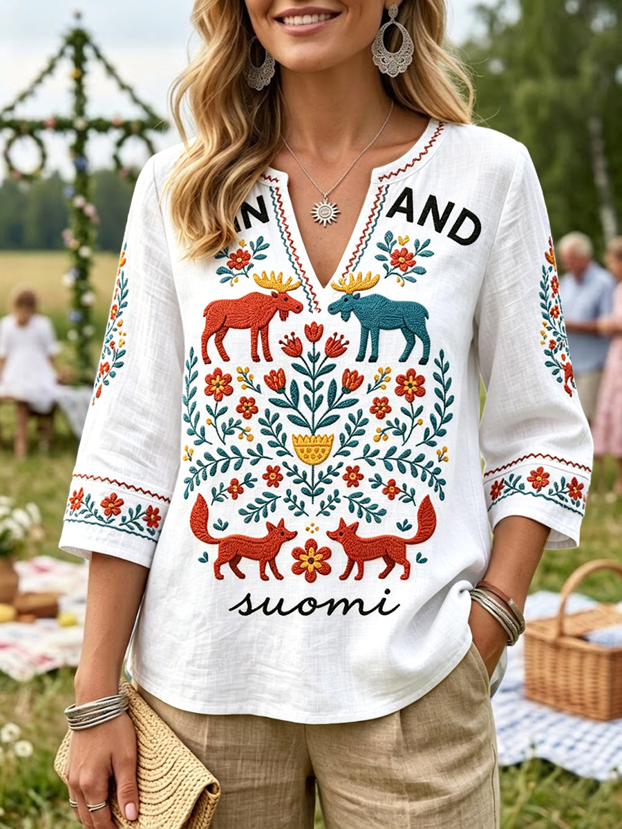 Dams vit finsk midsommarren 'Suomi'-tryckt avslappnad t-shirt med V-ringning