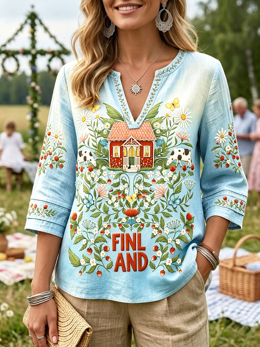 Dams herrgårdsmidsummer blommig timmerstuga print avslappnad t-shirt med v-ringning