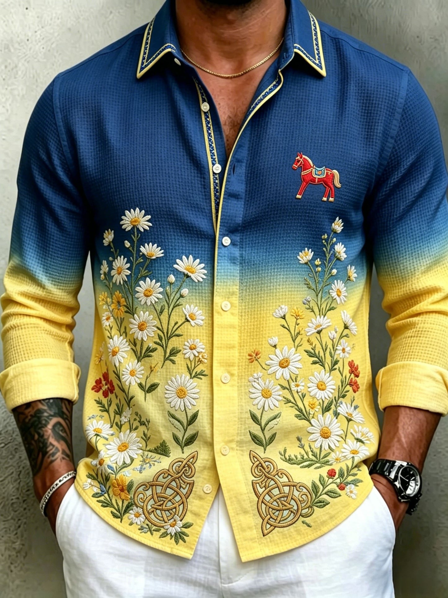 Herrretro svensk midsommarfolkaldrigblommig vafeltröja med långa ärmar