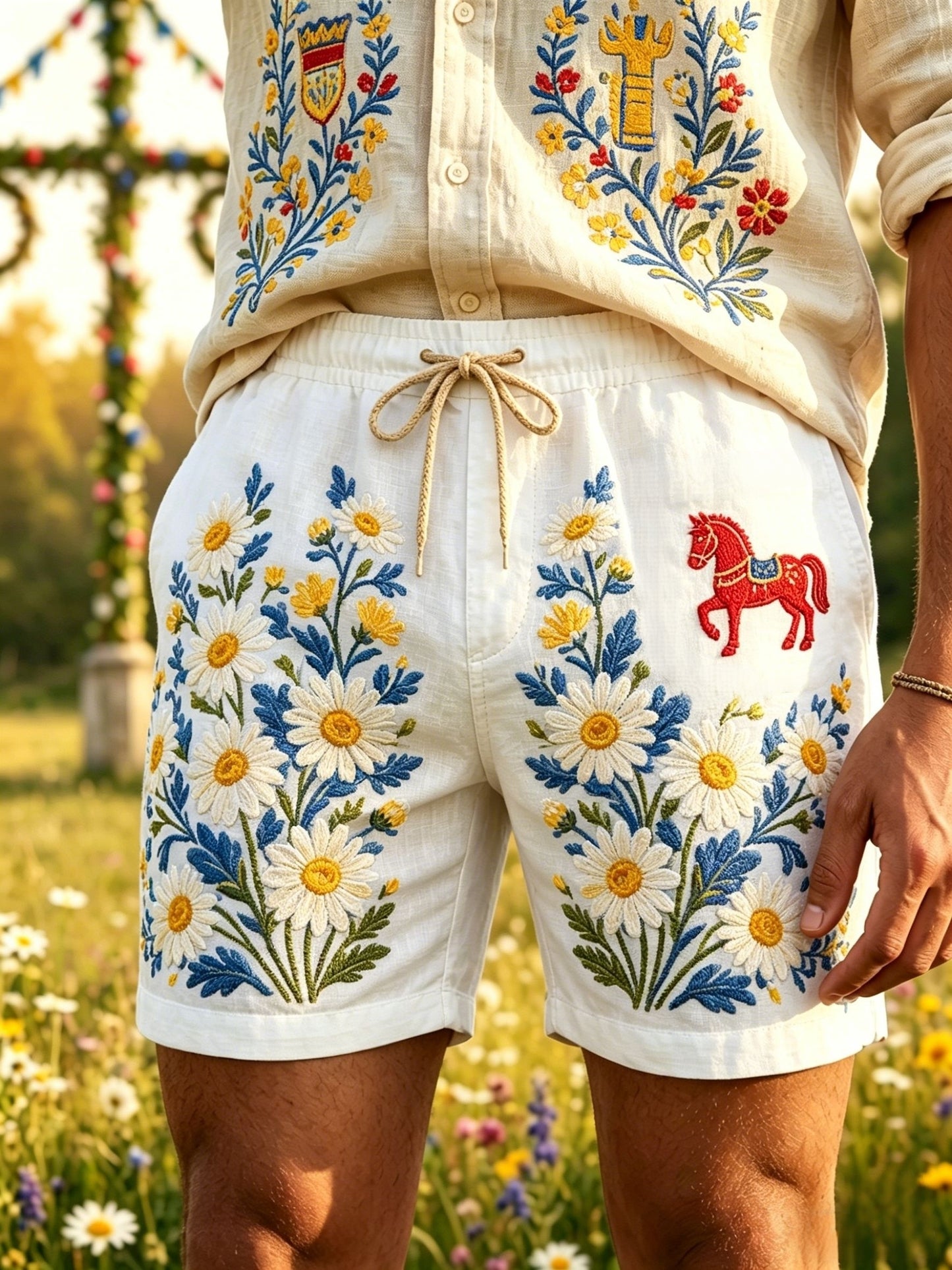 Herrkläder Retro Svenska Midsommar Folk Floral Bomull-Linne Korta Byxor