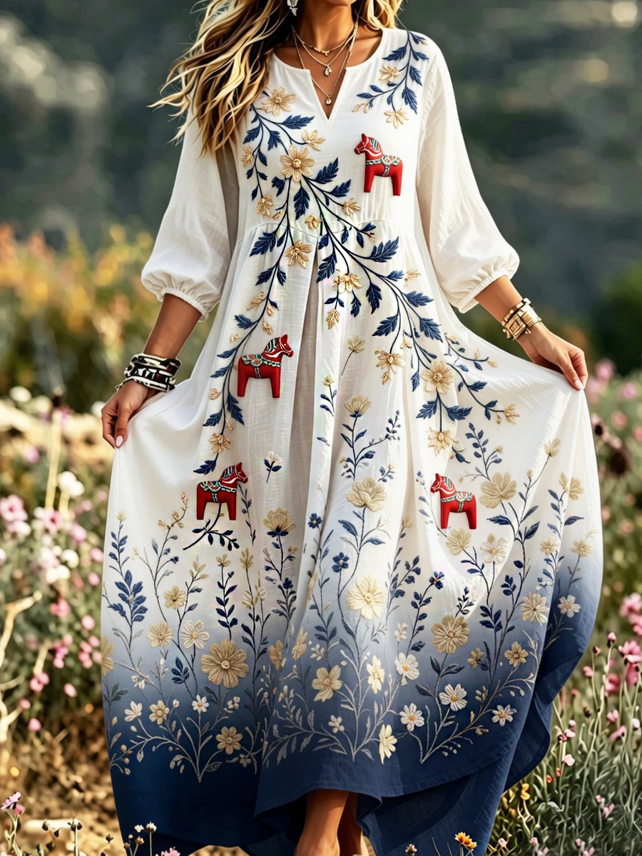 Kvinnor Retro Svenska Konst Skriv ut Bohemian Style Cotton linneklänning