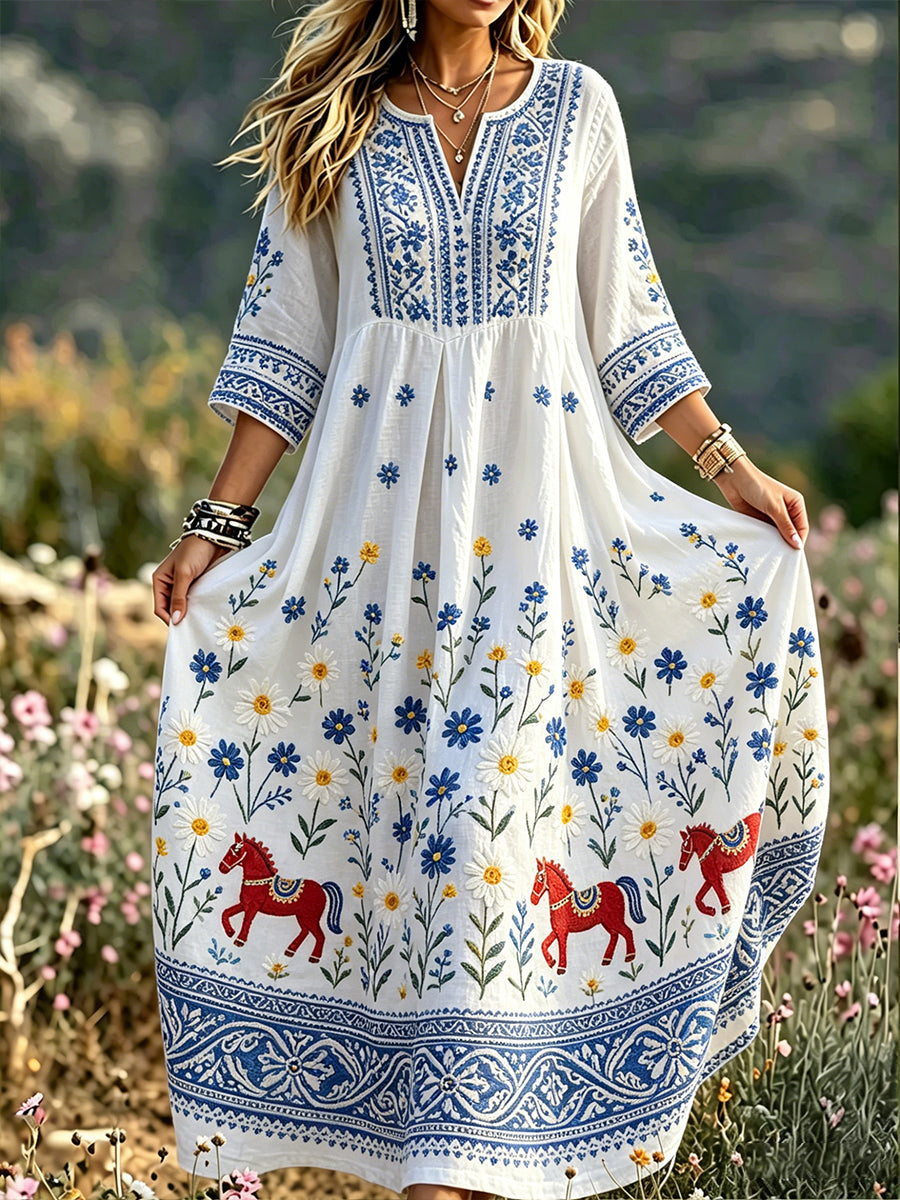 Kvinnors svensk midsommar Dala Häst Skriv ut Casual Fashion Bomull-Linen V-Hack klänning