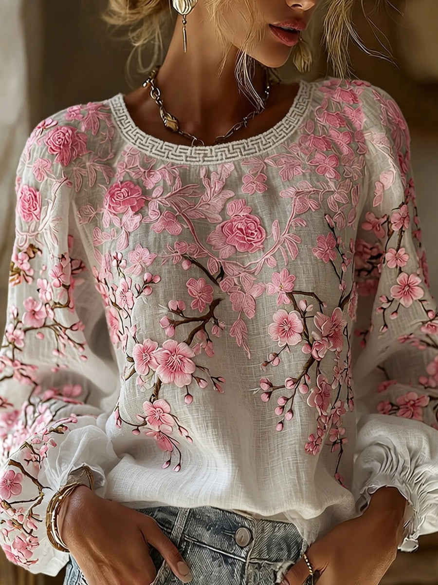 Dams vintage blommig konsttryckt casual topp i bomull-linne