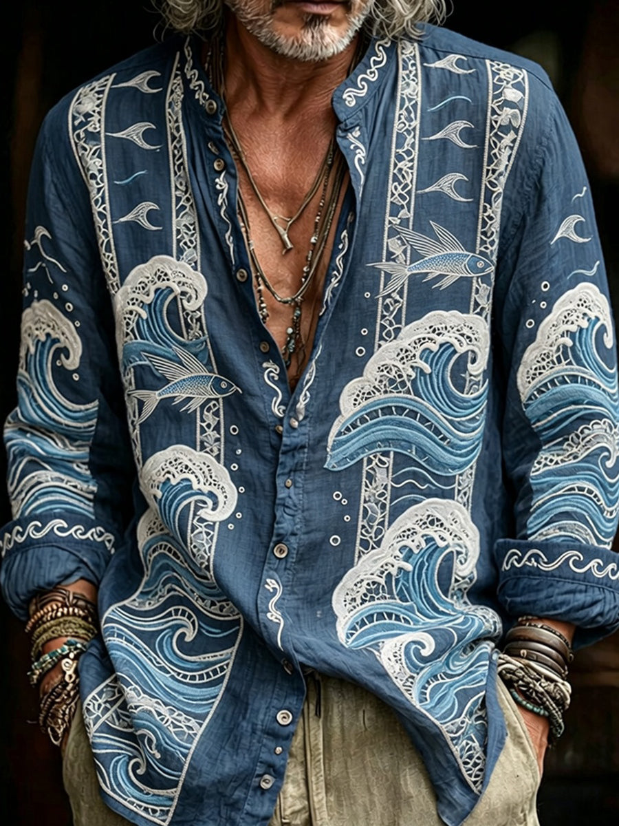 Mäns Retro Abstract konst Skriv ut Casual bomull-Linen skjorta