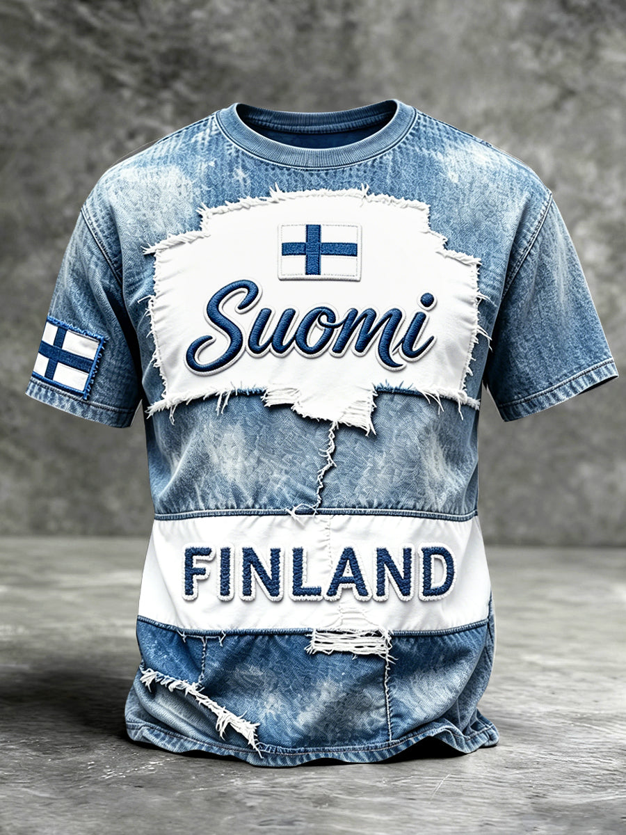 Miesten suomalainen lipputeksti Patchwork Print Casual T-paito