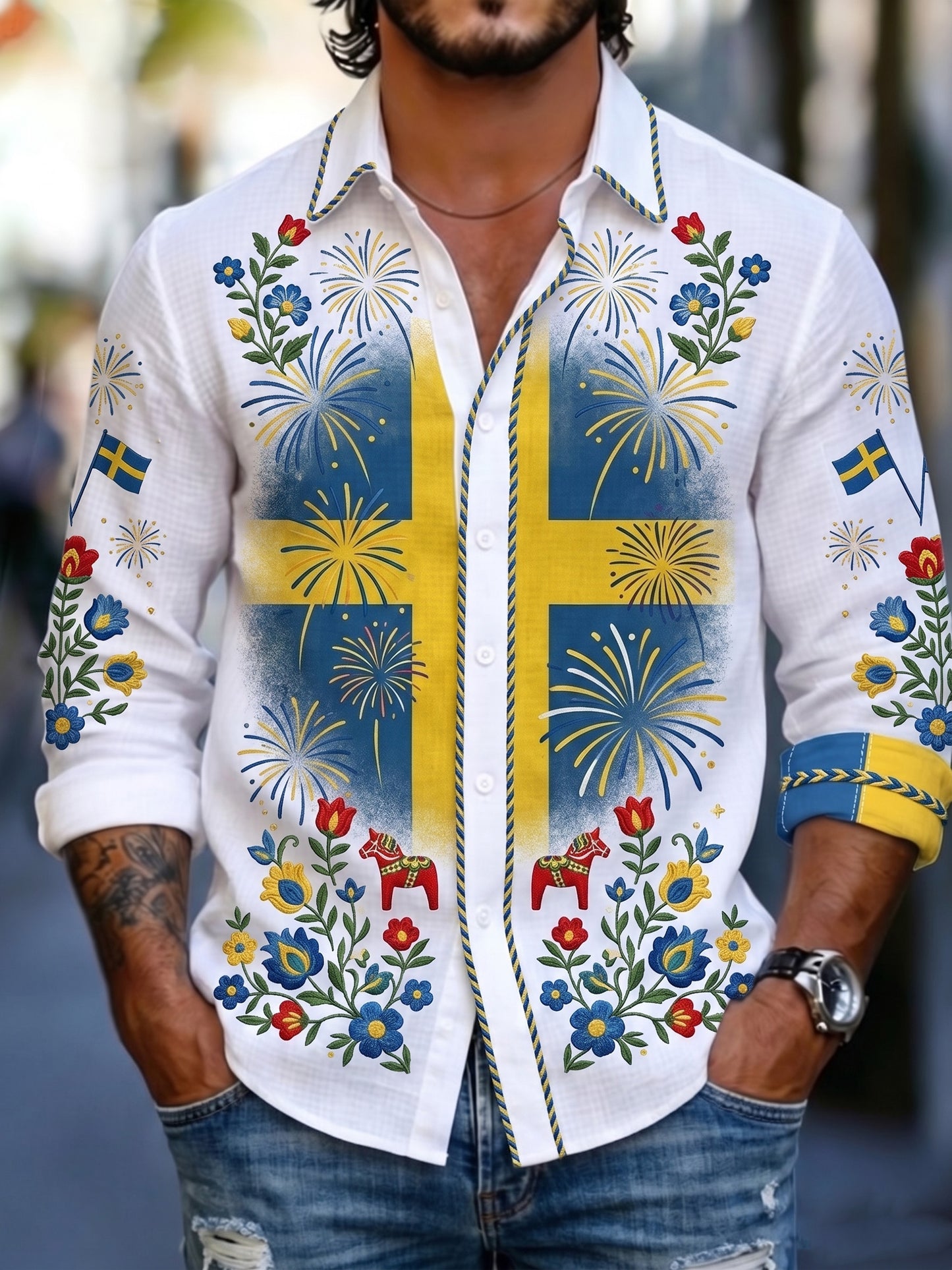 Herrtröja med konsttryck till minne av Sveriges nationaldag, långärmad