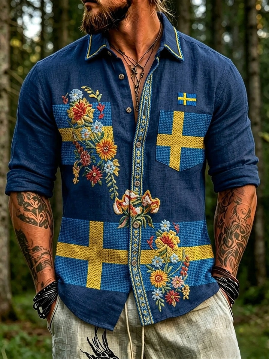 Herrretro svensk nationaldag midsommar folkloristisk blommig långärmad skjorta