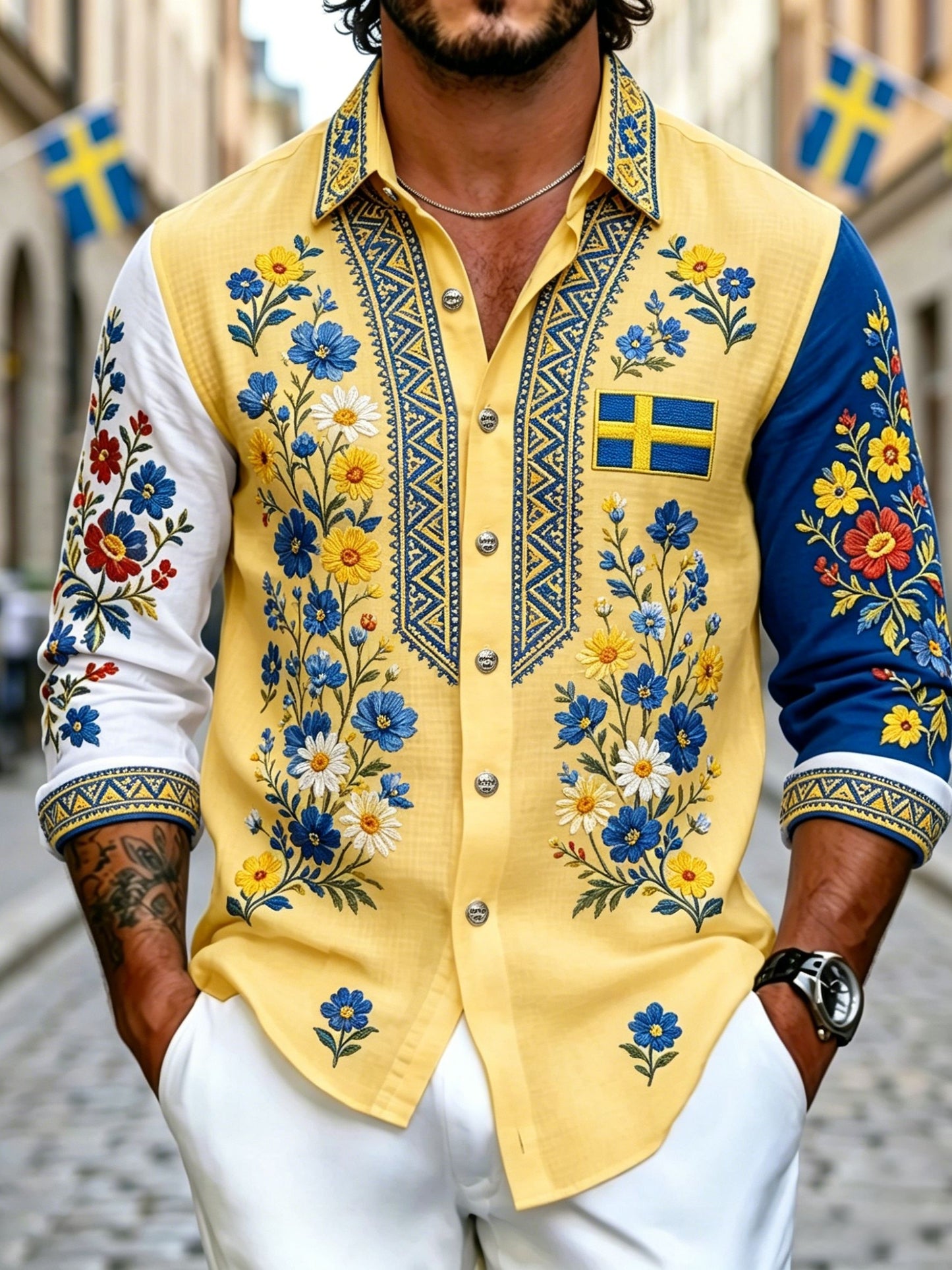 Herrretro svensk nationaldag midsommar folkloristisk blommig långärmad skjorta