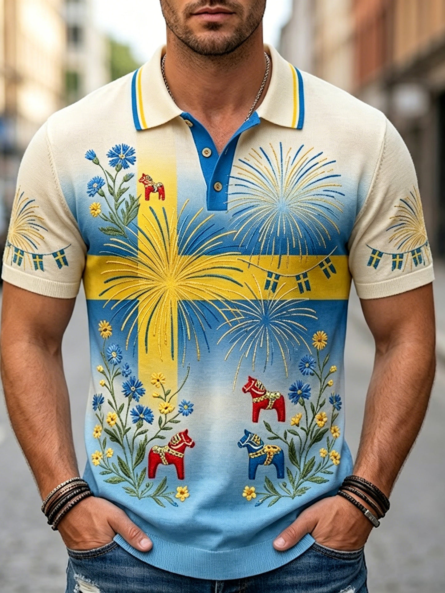Herrpolotröja med korta ärmar och konsttryck till minne av Sveriges nationaldag