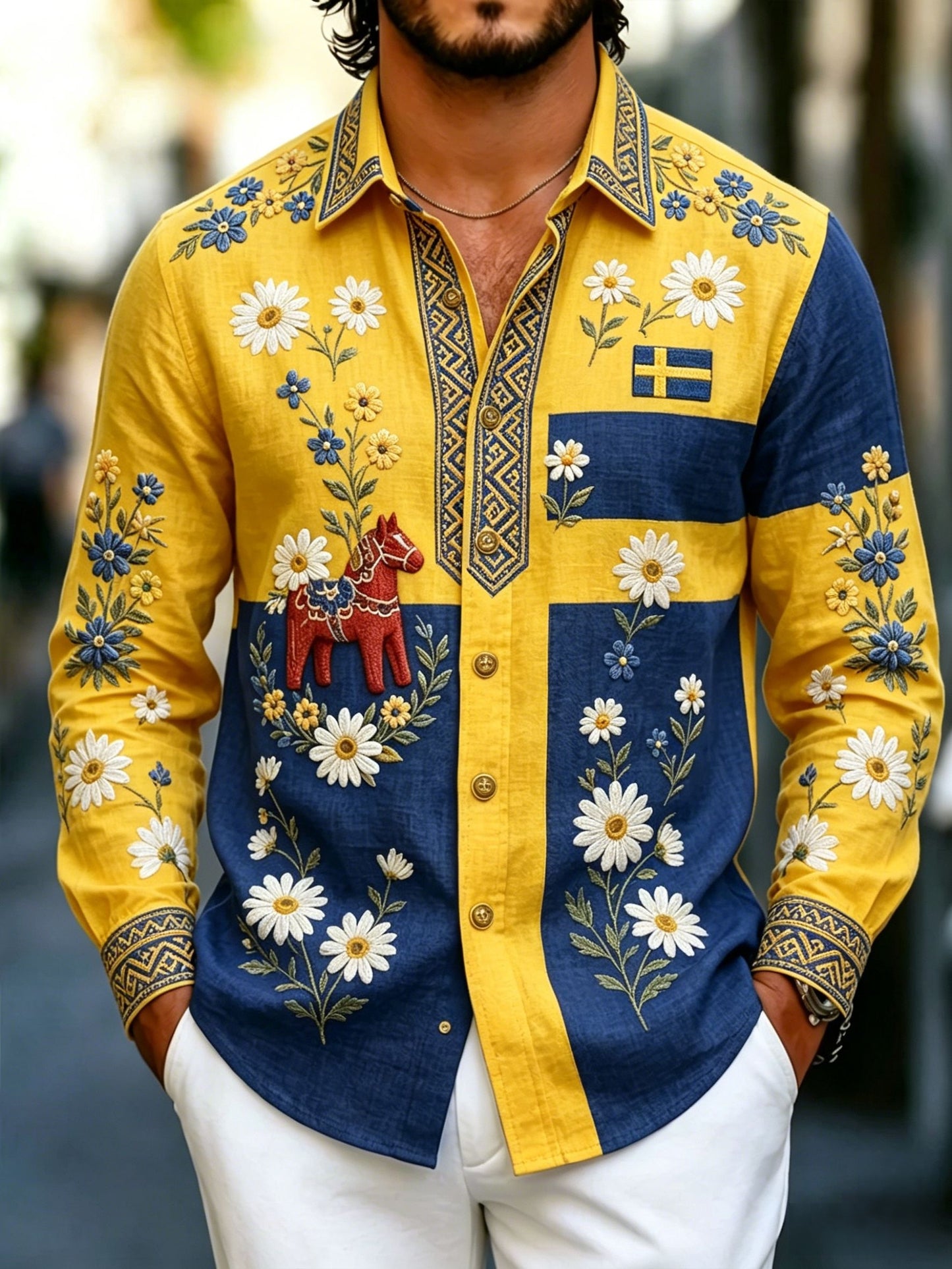 Herrretro svensk nationaldag midsommar folkloristisk blommig skjorta i bomull-linne