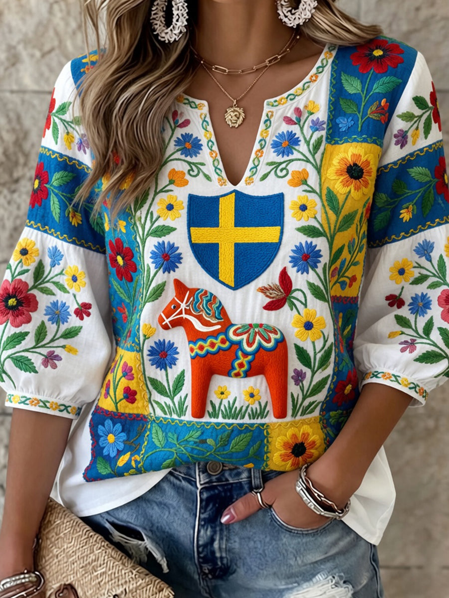 Dams Retro Svensk Dalahäst Blommig Broderi Konsttryck Avslappnad Topplåda