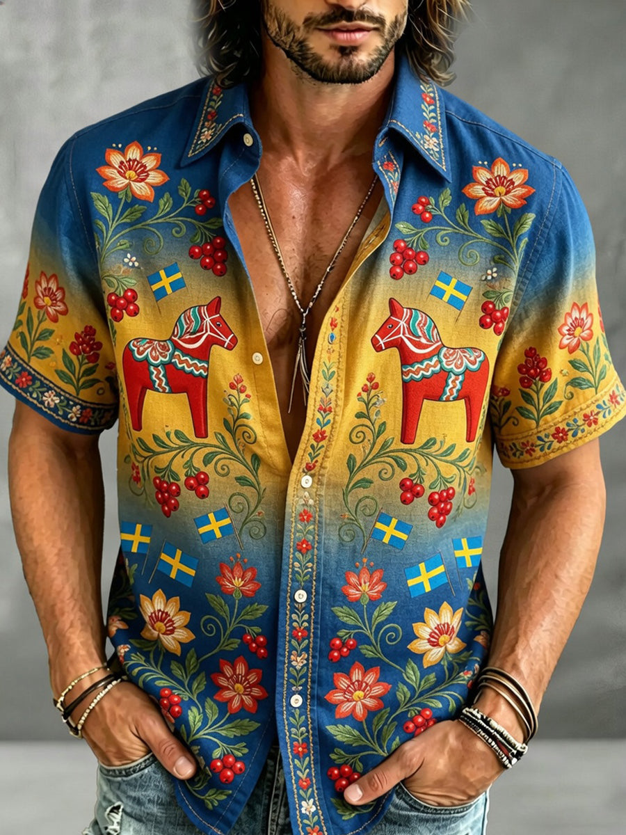 Herr Retro Svenska Dala Häst Blomsterbroderier Konst Print Casual skjorta O-shirt