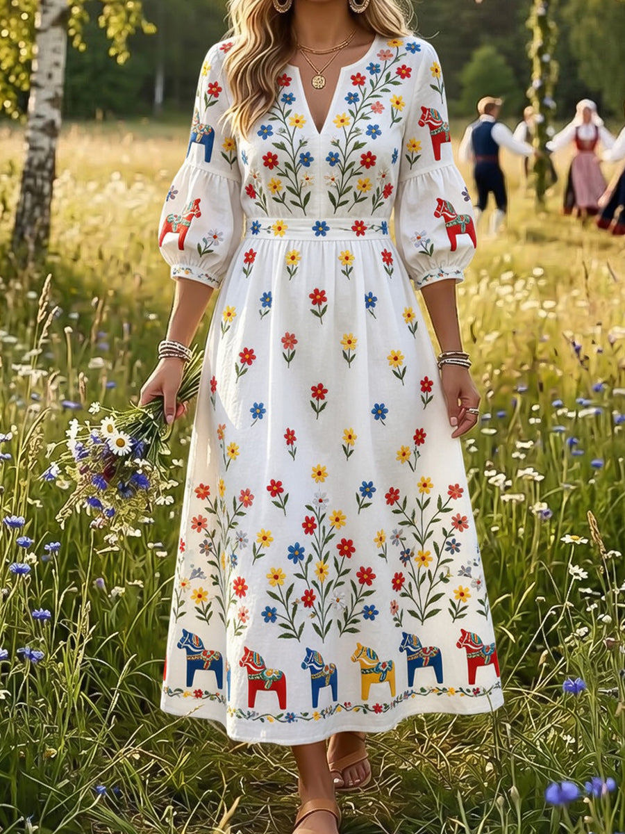 Kvinnors Vintage Svenska Dala Häst Blomsterbroderier Konst Print Casual Klänning