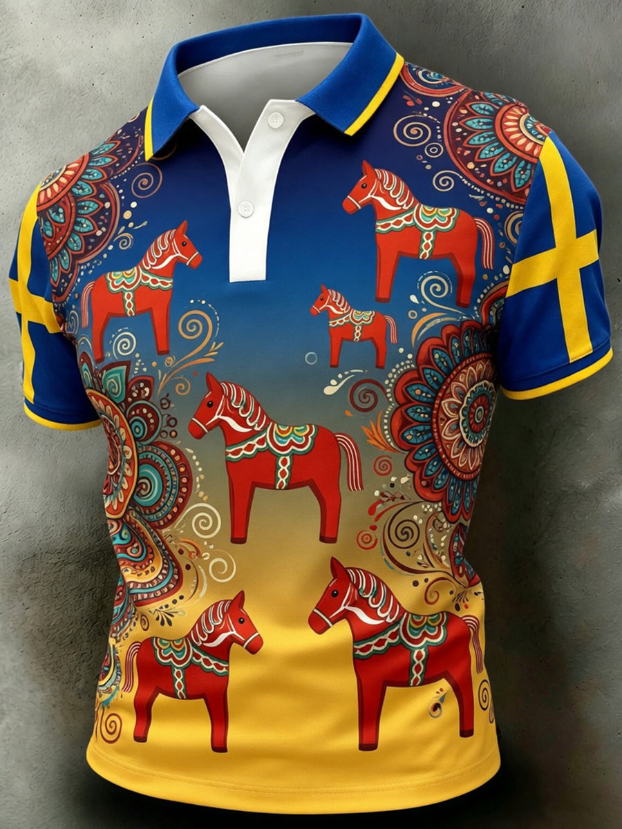 Herrretro svensk dalahäst blommig brodyr konsttryck avslappnad polotröja