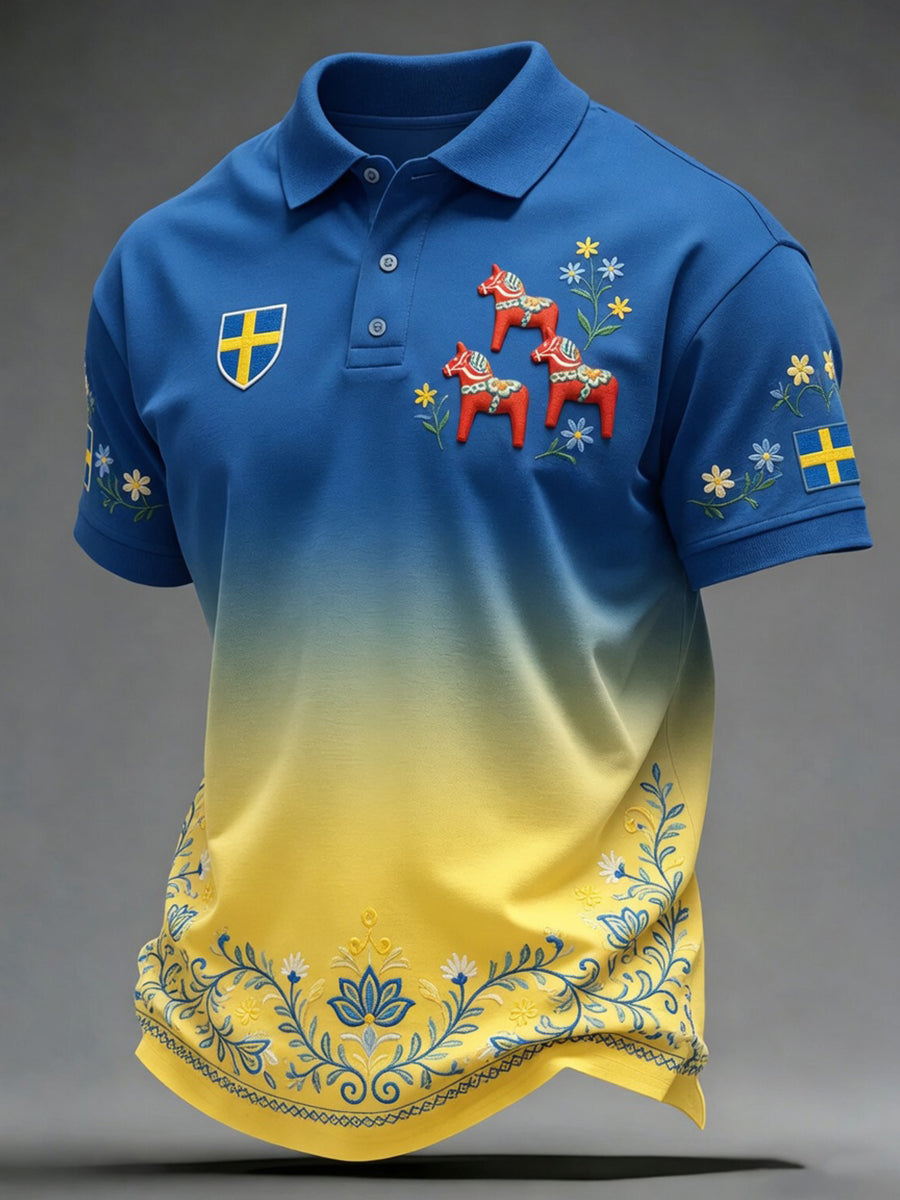 Herrretro svensk dalahäst blommig brodyr konsttryck avslappnad polotröja
