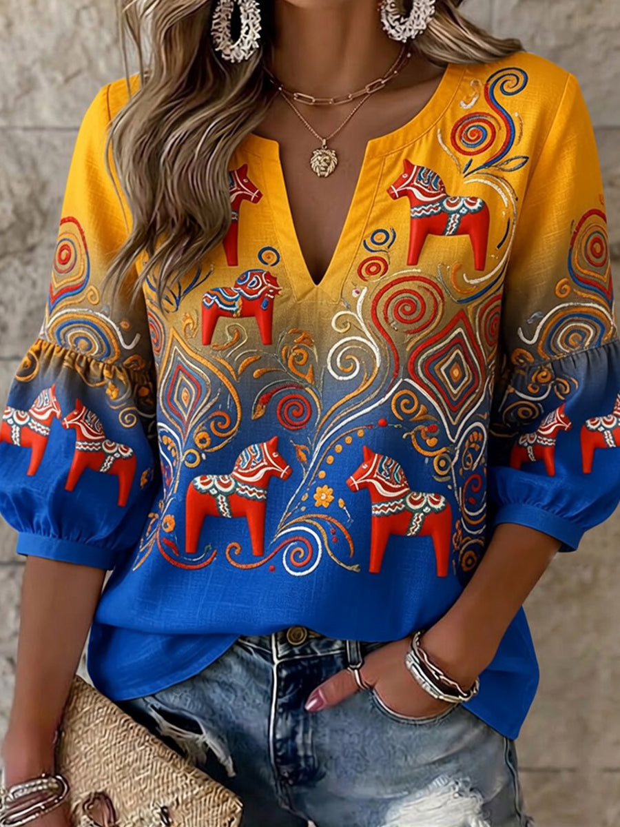 Dams Retro Svensk Dalahäst Blommig Broderi Konsttryck Avslappnad Topplåda