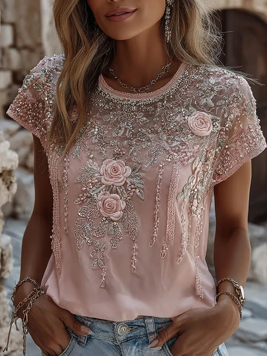 Dams retro broderad blommig konsttryckt avslappnad bekväm t-shirt