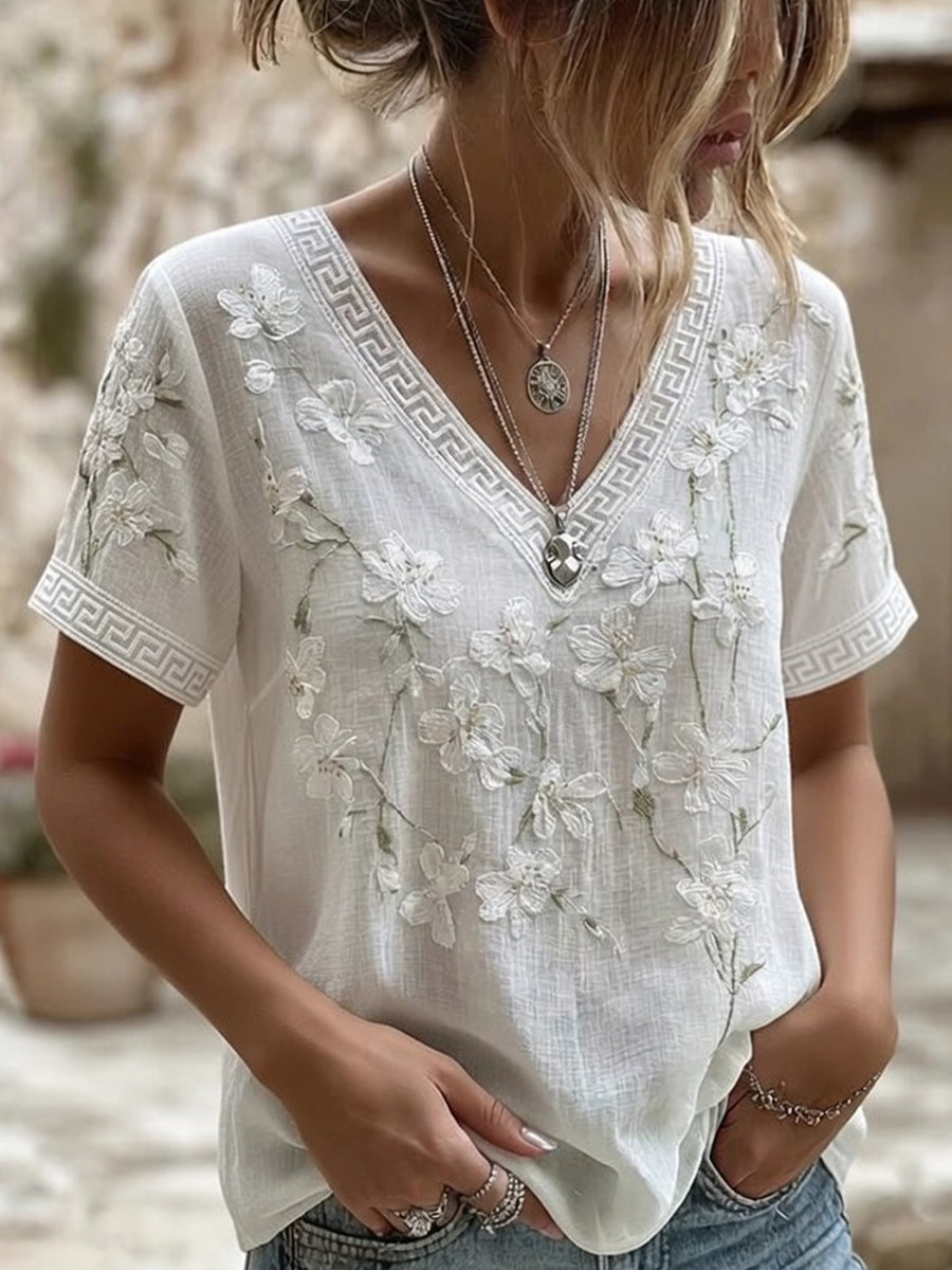 Kvinnors Retro Broderad blomsterkonst Skriv ut Casual Comfort T-shirta