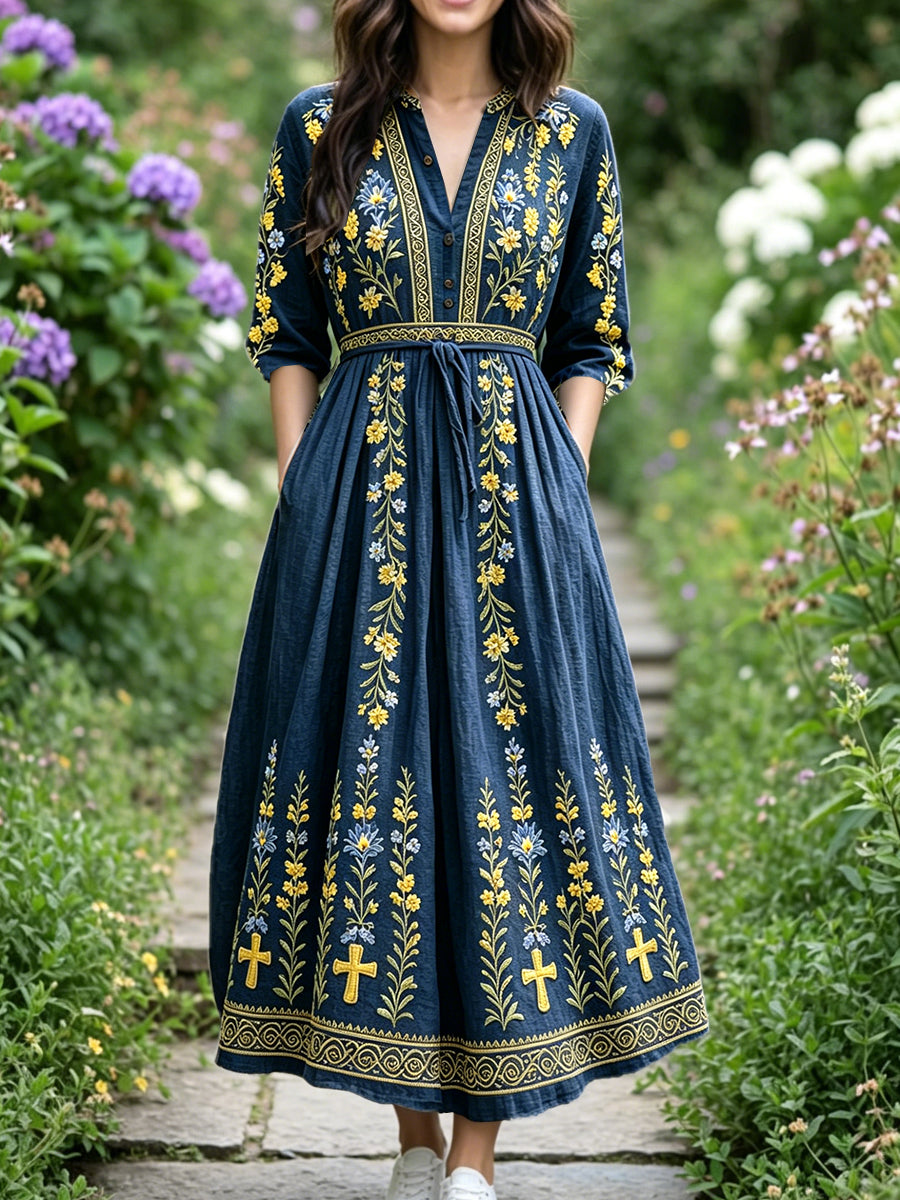 Kvinnors djup blå Casual V-hals klänning med svensk blomster Print