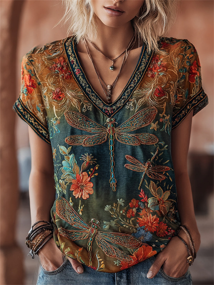 Damens Vintage Boho Dragonfly Floral Print Gradient kortärmad T-shirt