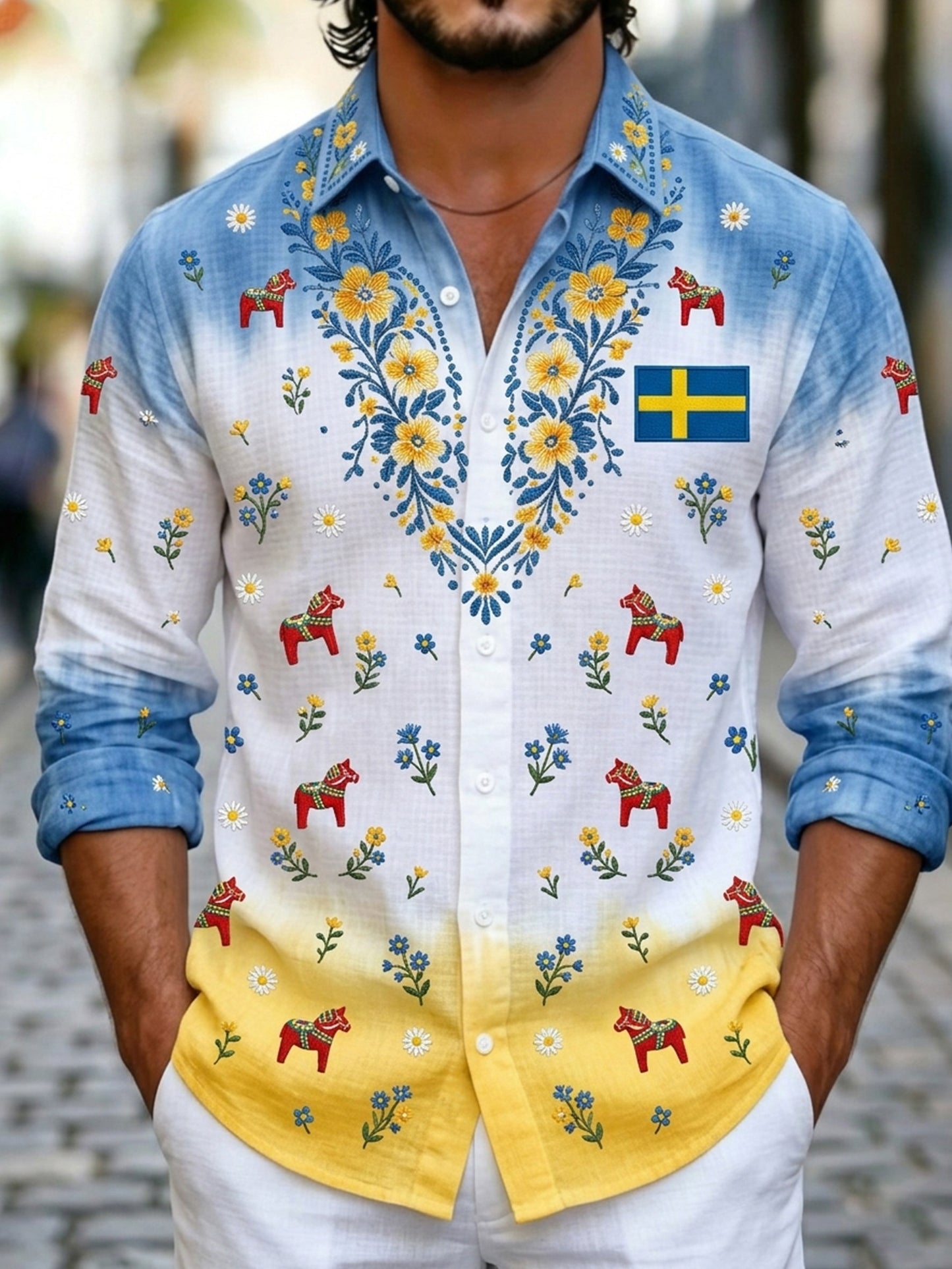 Herrtröja med långa ärmar och konstprint som hyllar den svenska midsommarfesten