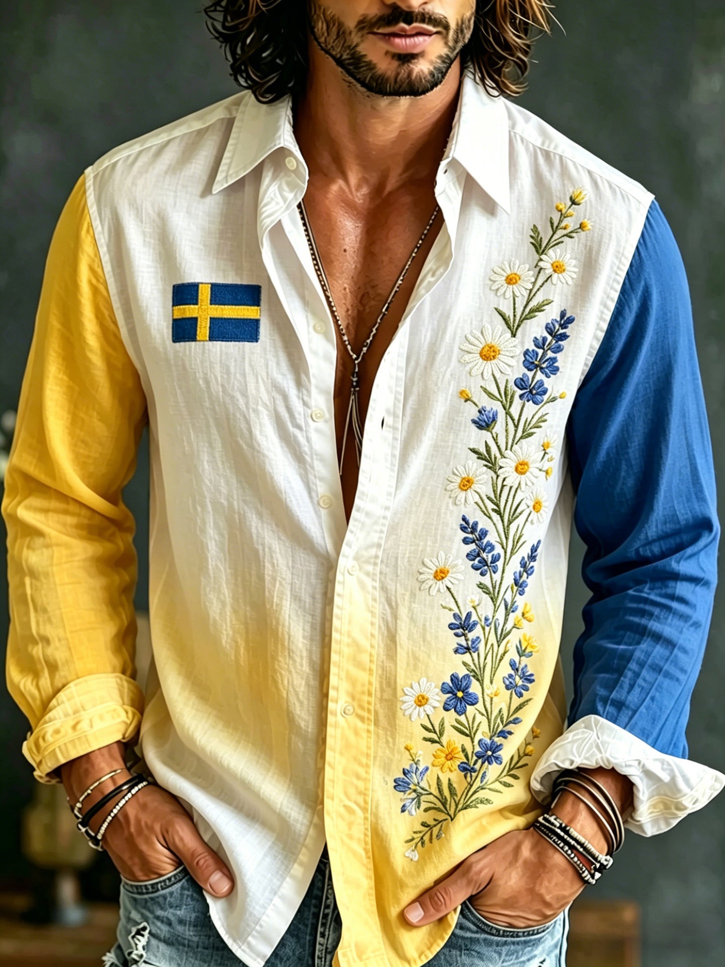 Herrtröja med långa ärmar och konstprint som hyllar den svenska midsommarfesten