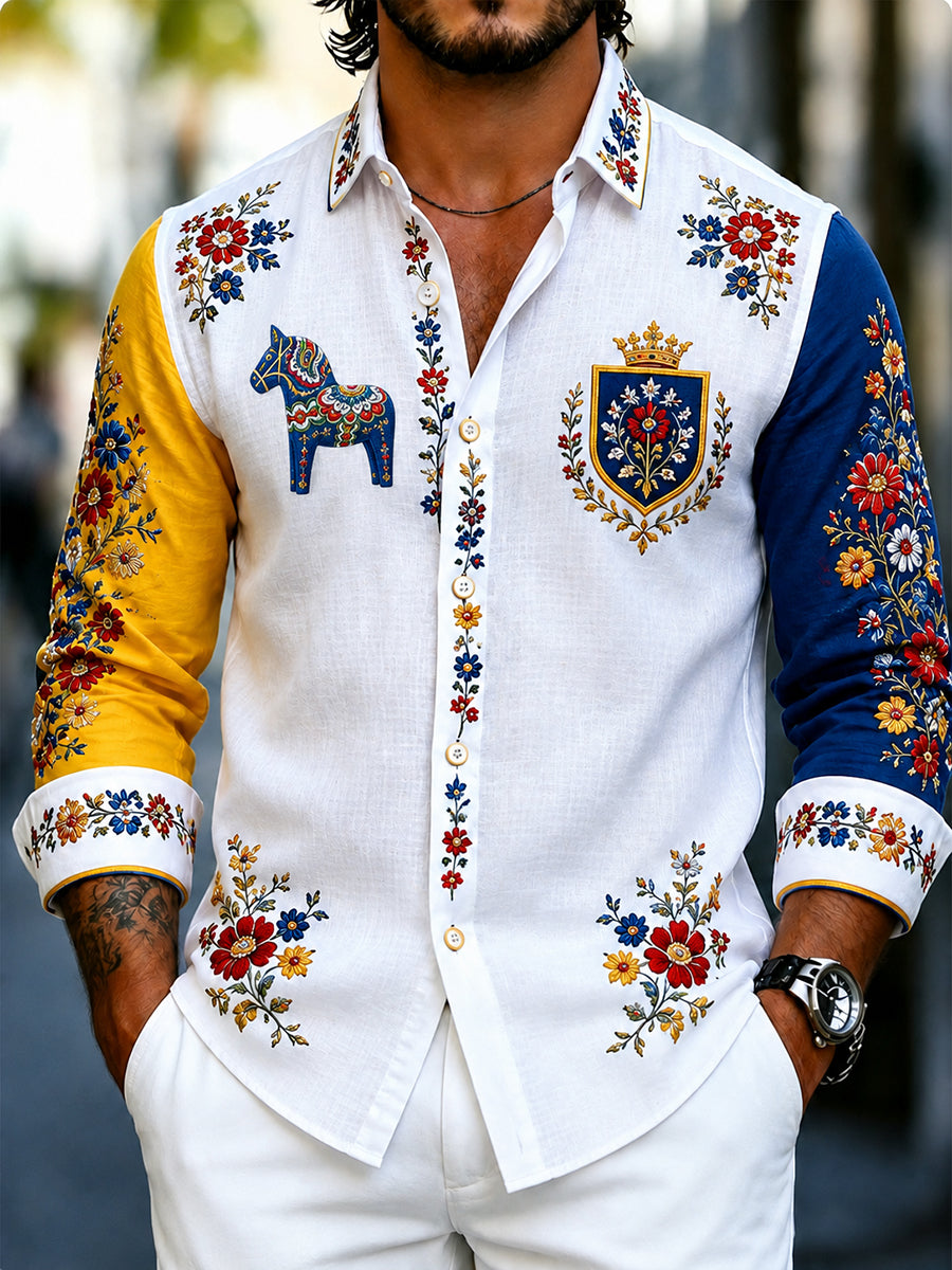 Herrskjorta i retrostil med svensk dalahäst och broderad blomsterkonst, avslappnad stil