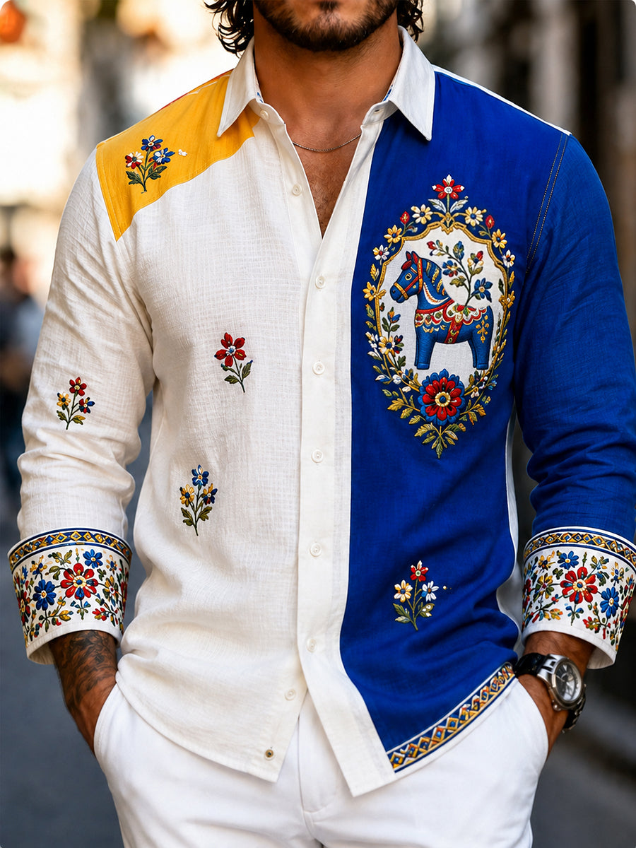 Herrskjorta i retrostil med svensk dalahäst och broderad blomsterkonst, avslappnad stil