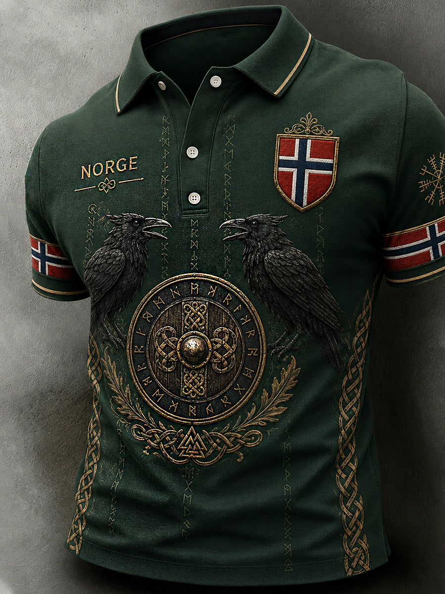 Menns retro nordisk stil norsk kunsttrykk avslappet poloskjorte