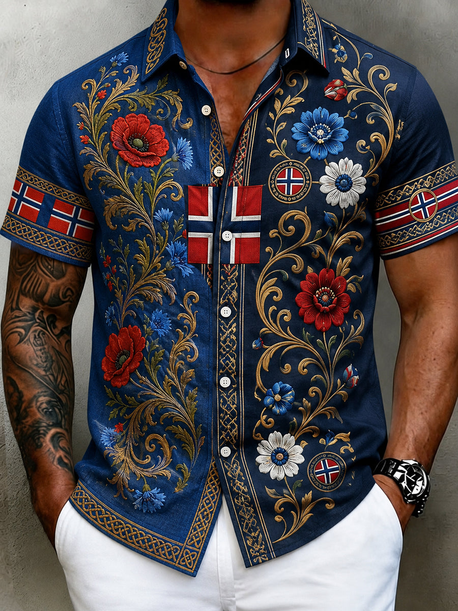 Menns Retro Nordisk stil norsk kunst Skriv ut Casual Cotton linneskjort