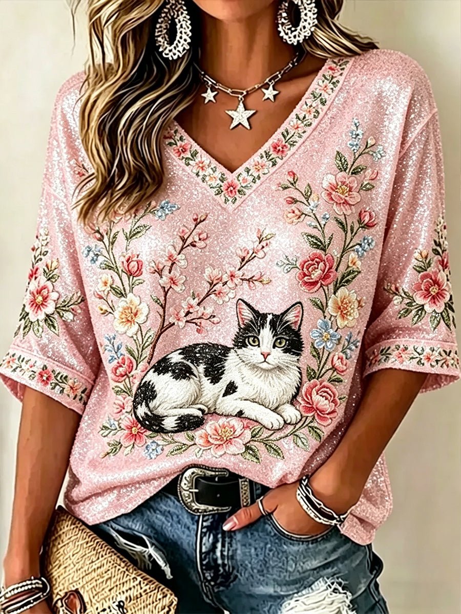 Kvinnors blommor och katter V-Hack T-shirt