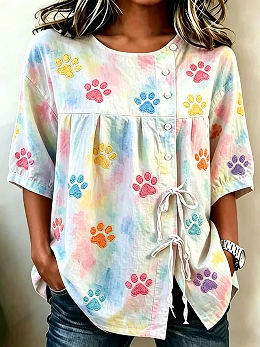 Kvinnors söta katt tassar konst bomull-Linen knappen fronttopp