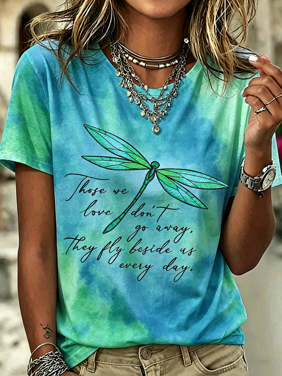 Dammens dragonfluga blommor tryckt vintage mode löst sittande kortärmad t-shirt