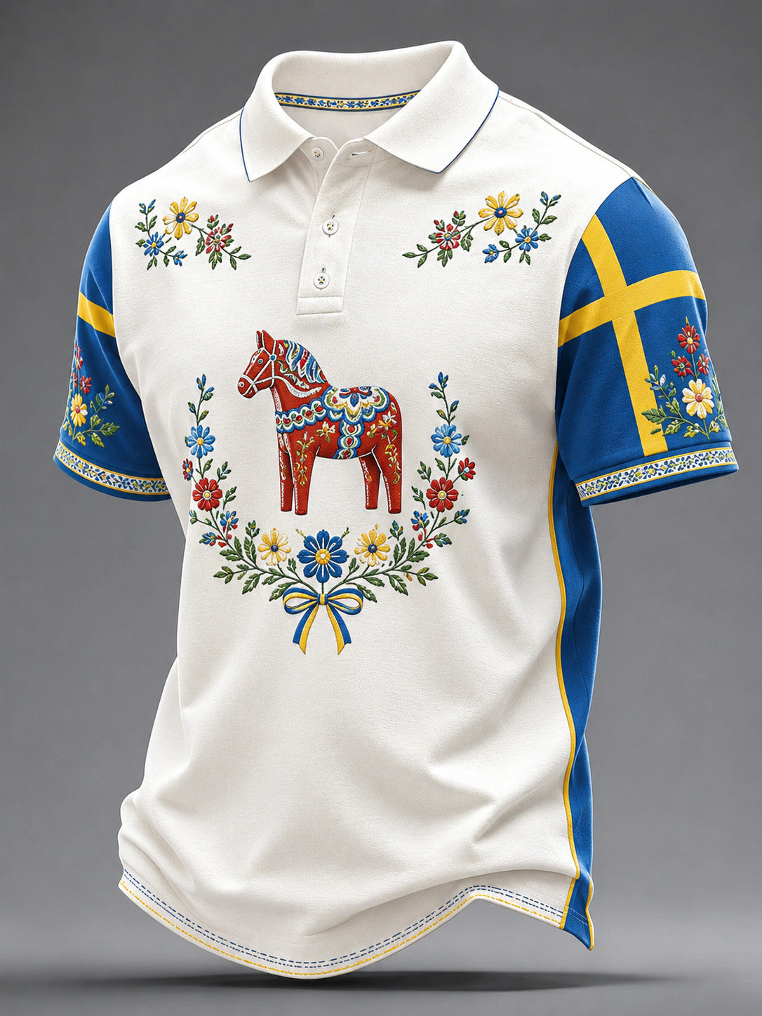 Herrpolotröja med konsttryck till minne av svenska högtider och festivaler, kortärmad