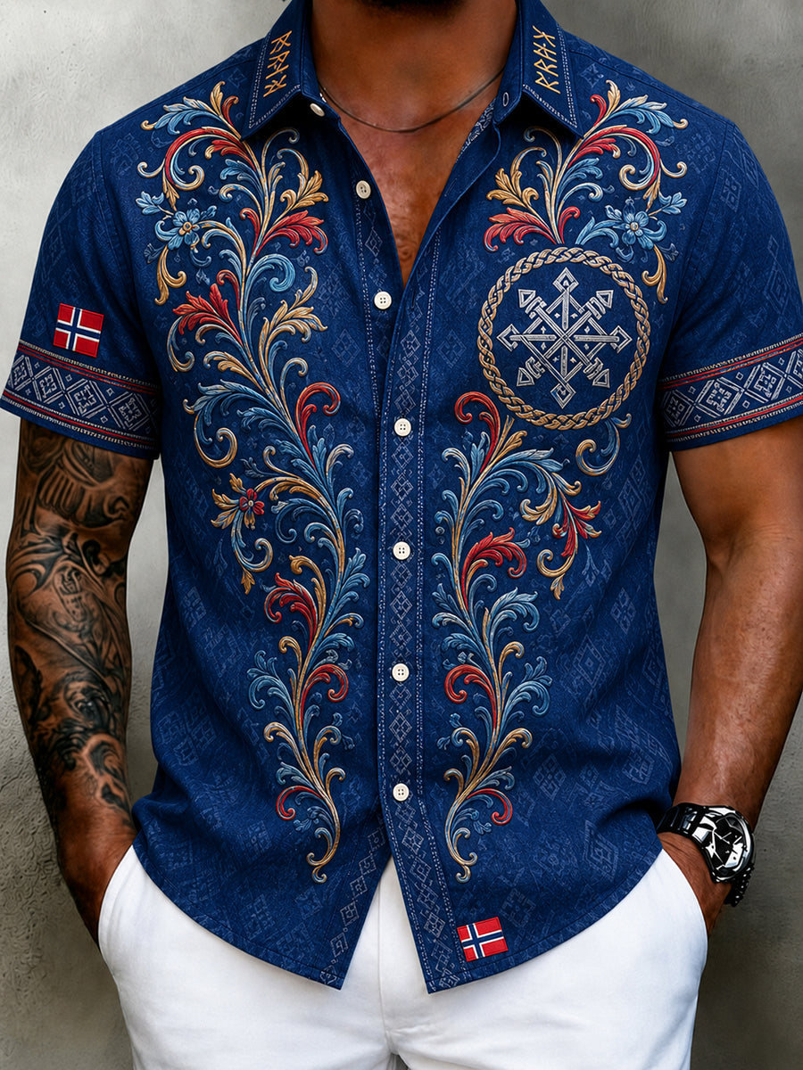 Menns kulturbluse i retro nordisk stil med norsk kunsttrykk, av bomull og lin