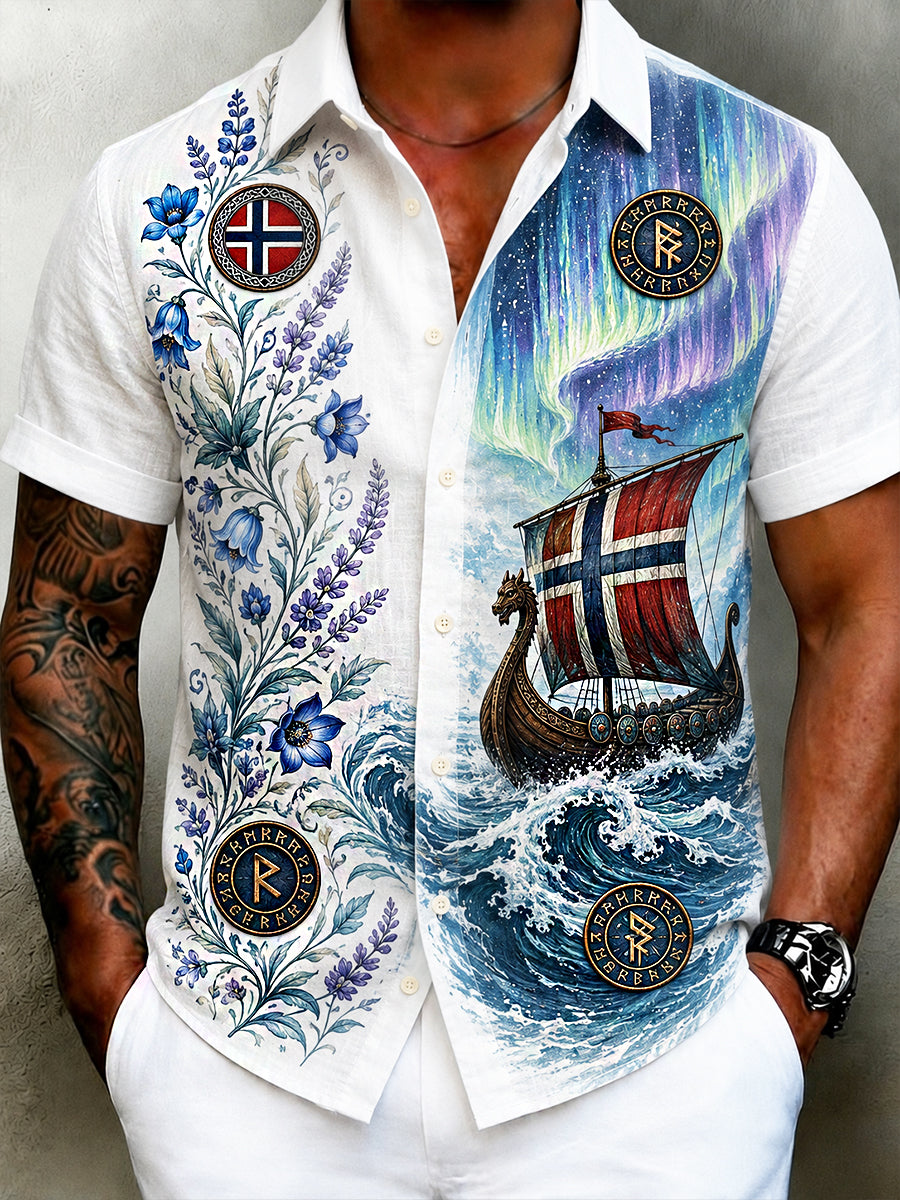 Menns kulturbluse i retro nordisk stil med norsk kunsttrykk, av bomull og lin