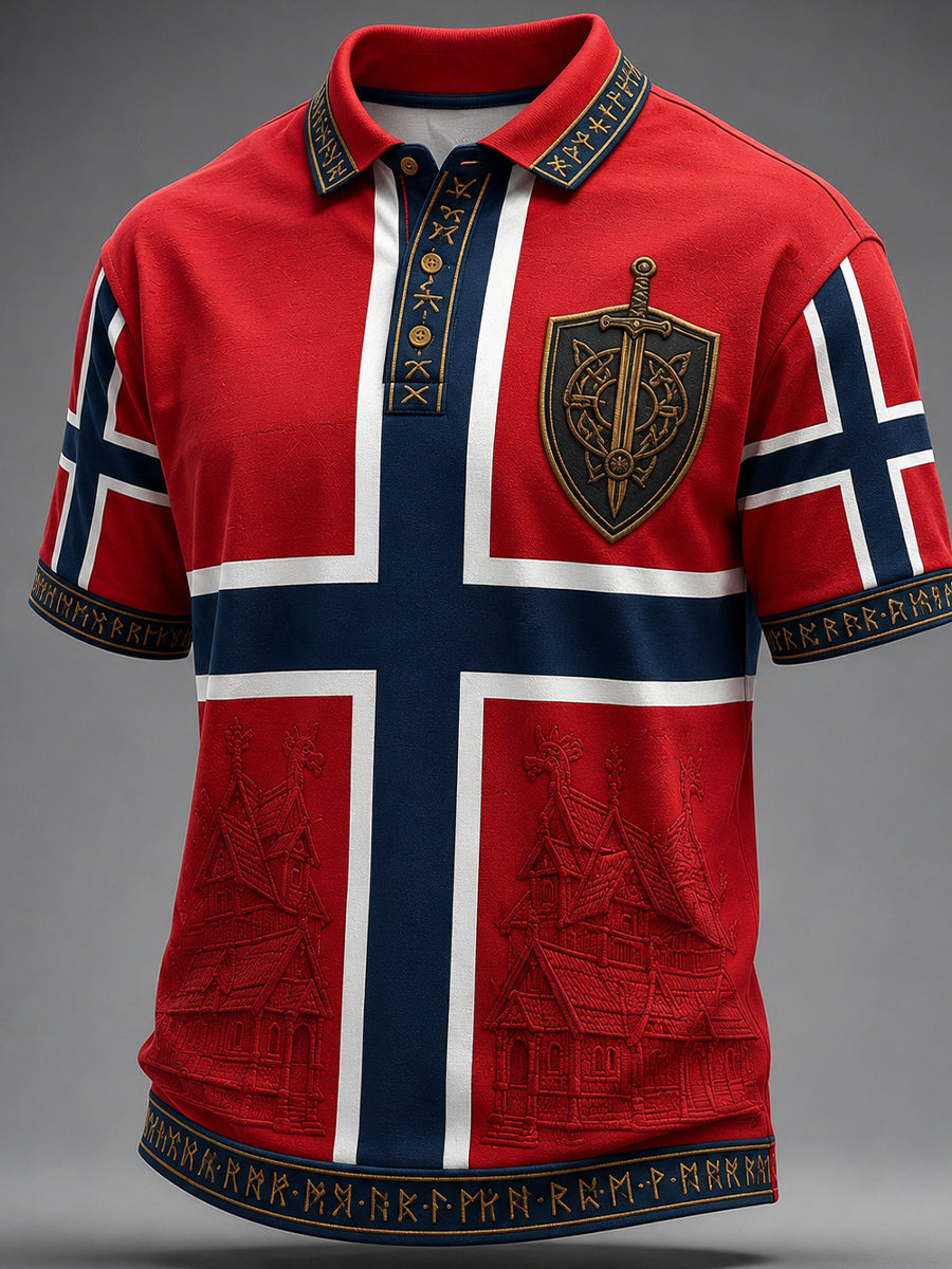 Menns retro nordisk stil norsk kunsttrykk avslappet poloskjorte