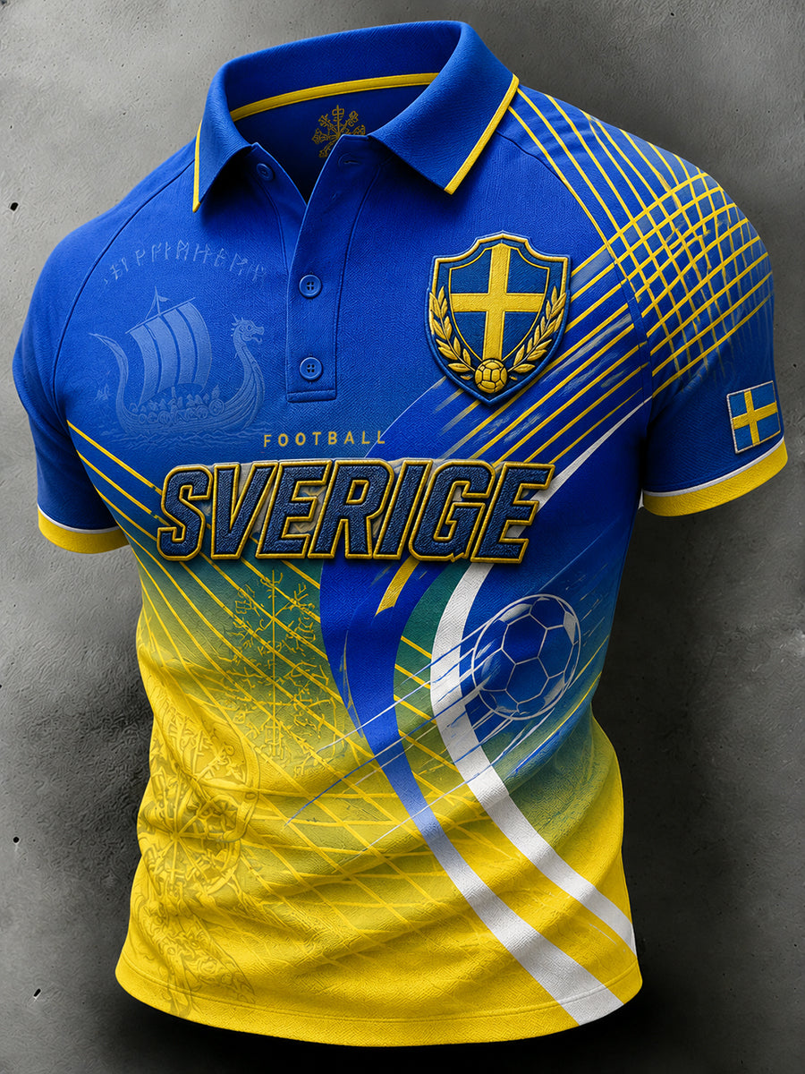 Herrpolotröja i retrostil med fotbollselement, kortärmad och avslappnad stil