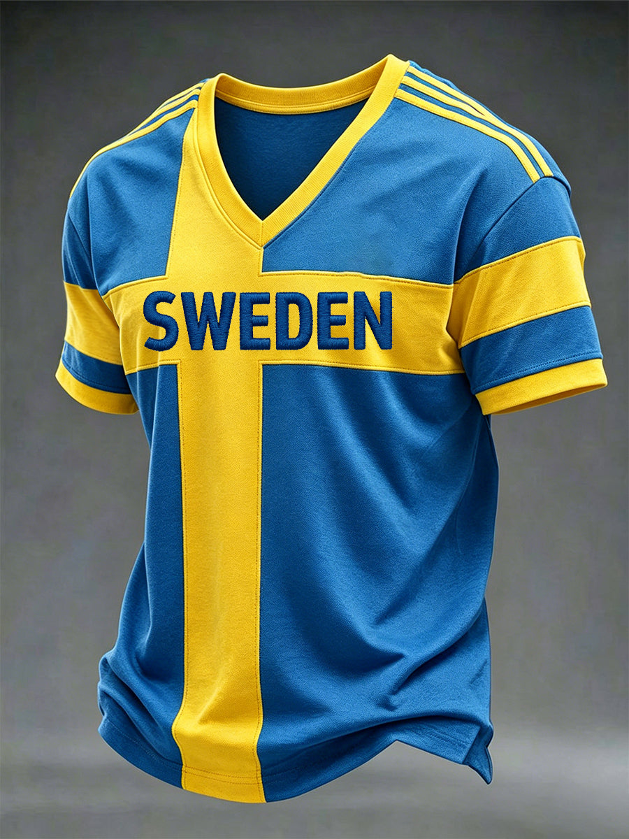 Herrtröja i svensk fotbollsstil med v-ringning